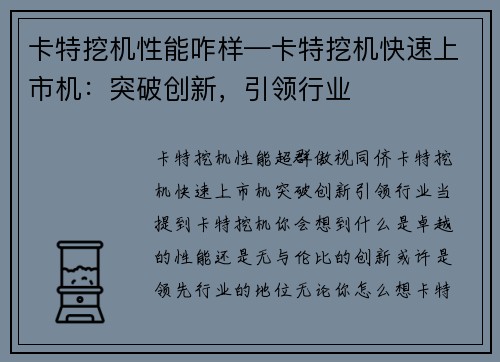 卡特挖机性能咋样—卡特挖机快速上市机：突破创新，引领行业
